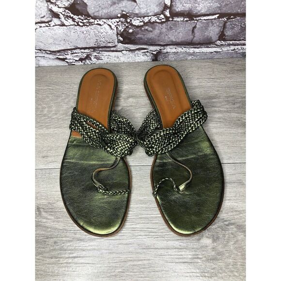 Via Spiga Metallic Green Leather Braided Flats Sandals Women’s Sz 8.5M US/39EU - Picture 2 of 16